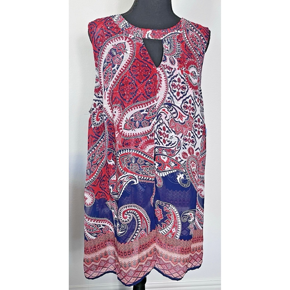 Roz & Ali Patriotic Paisley Tunic Blouse Womens 2X Sleeveless Keyhole Rhinestone